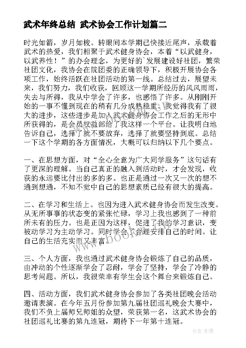 最新武术年终总结 武术协会工作计划(优质10篇)