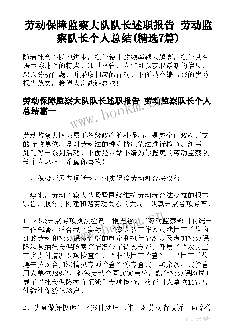 劳动保障监察大队队长述职报告 劳动监察队长个人总结(精选7篇)