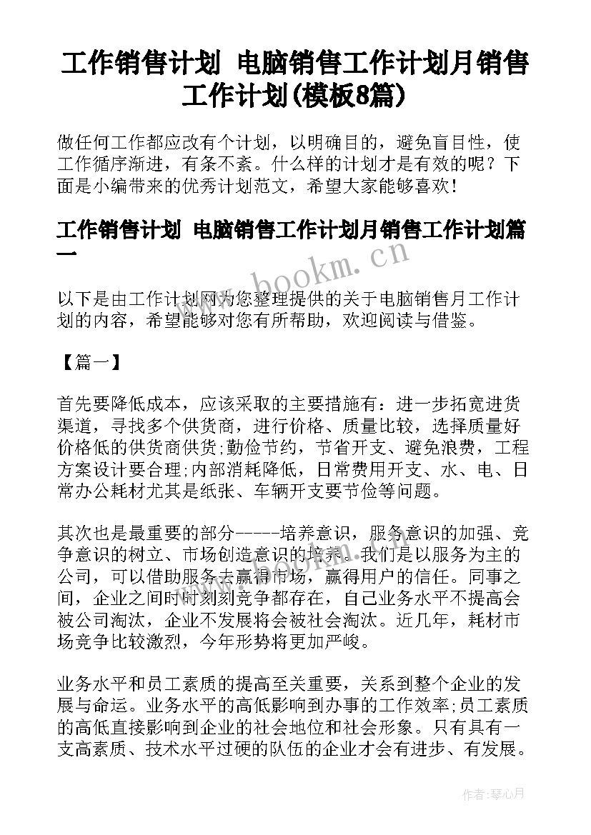 工作销售计划 电脑销售工作计划月销售工作计划(模板8篇)