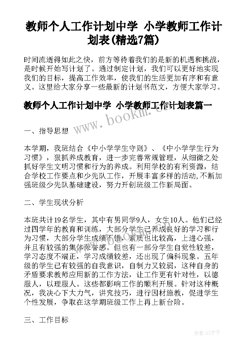 教师个人工作计划中学 小学教师工作计划表(精选7篇)