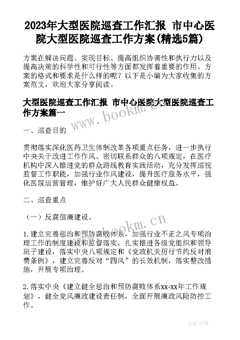 2023年大型医院巡查工作汇报 市中心医院大型医院巡查工作方案(精选5篇)