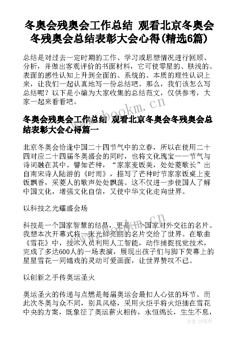 冬奥会残奥会工作总结 观看北京冬奥会冬残奥会总结表彰大会心得(精选6篇)