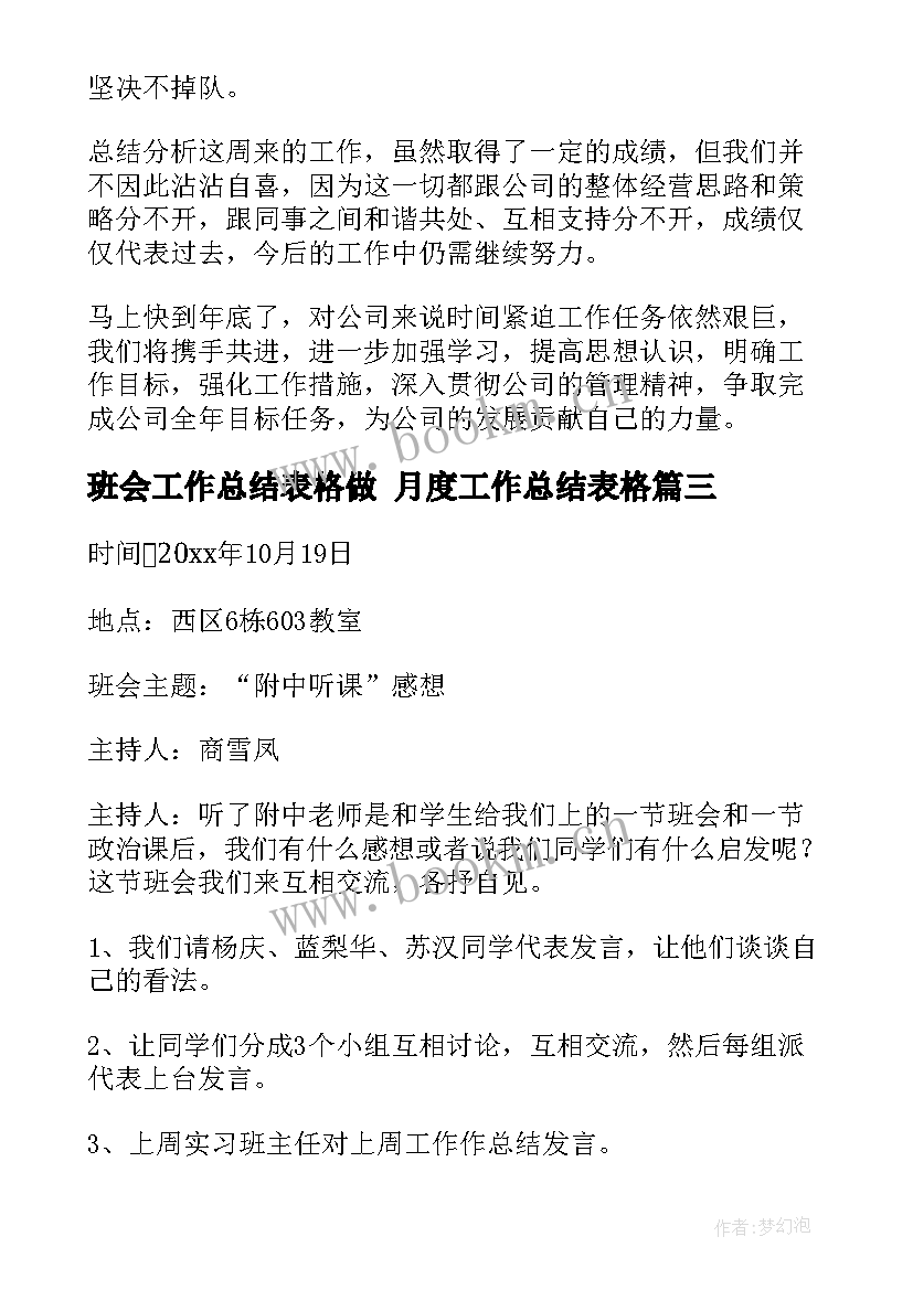 2023年班会工作总结表格做 月度工作总结表格(优质5篇)