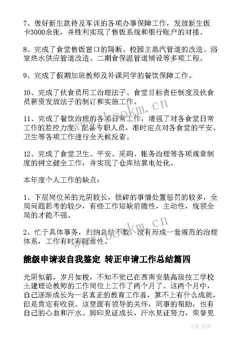 能级申请表自我鉴定 转正申请工作总结(大全7篇)