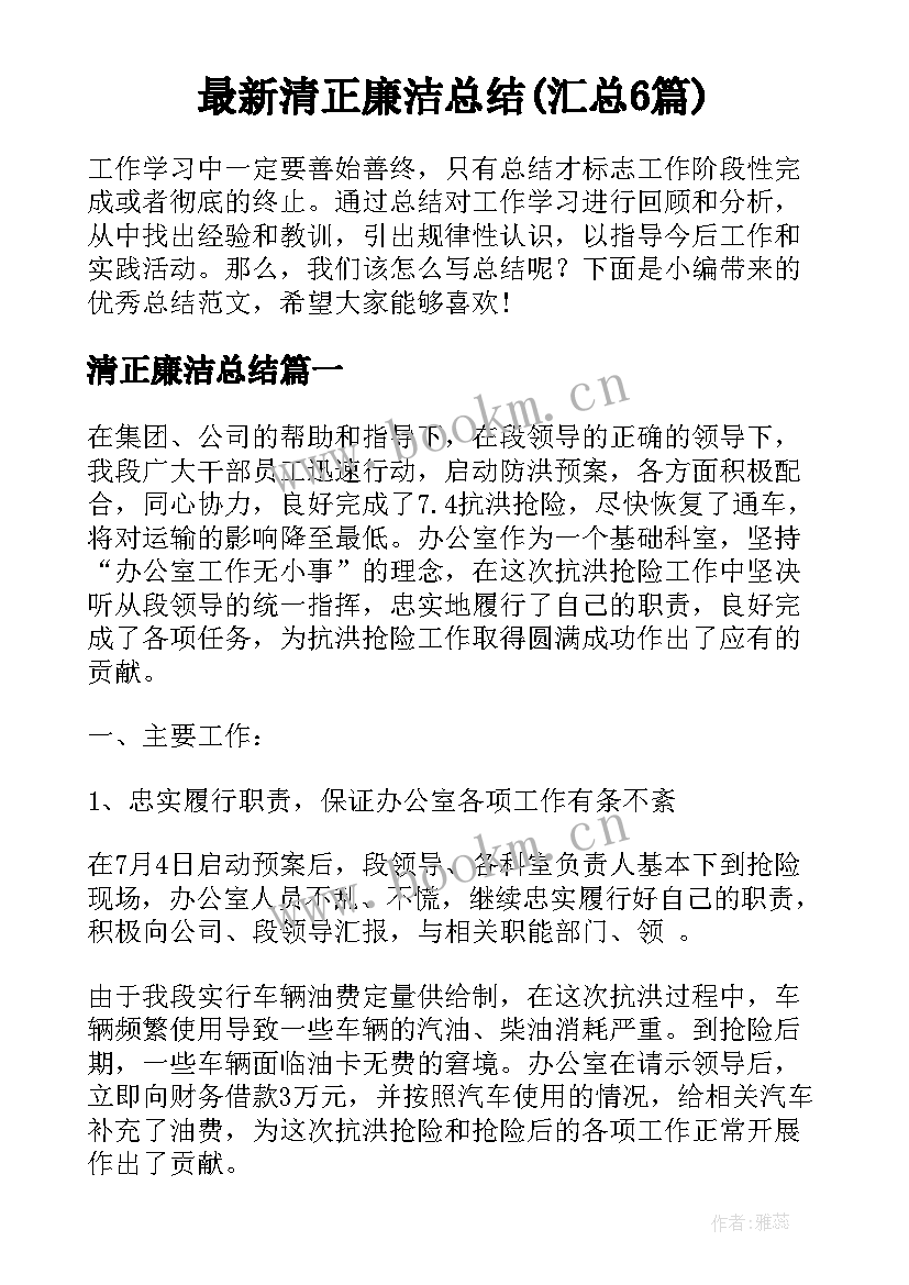 最新清正廉洁总结(汇总6篇)