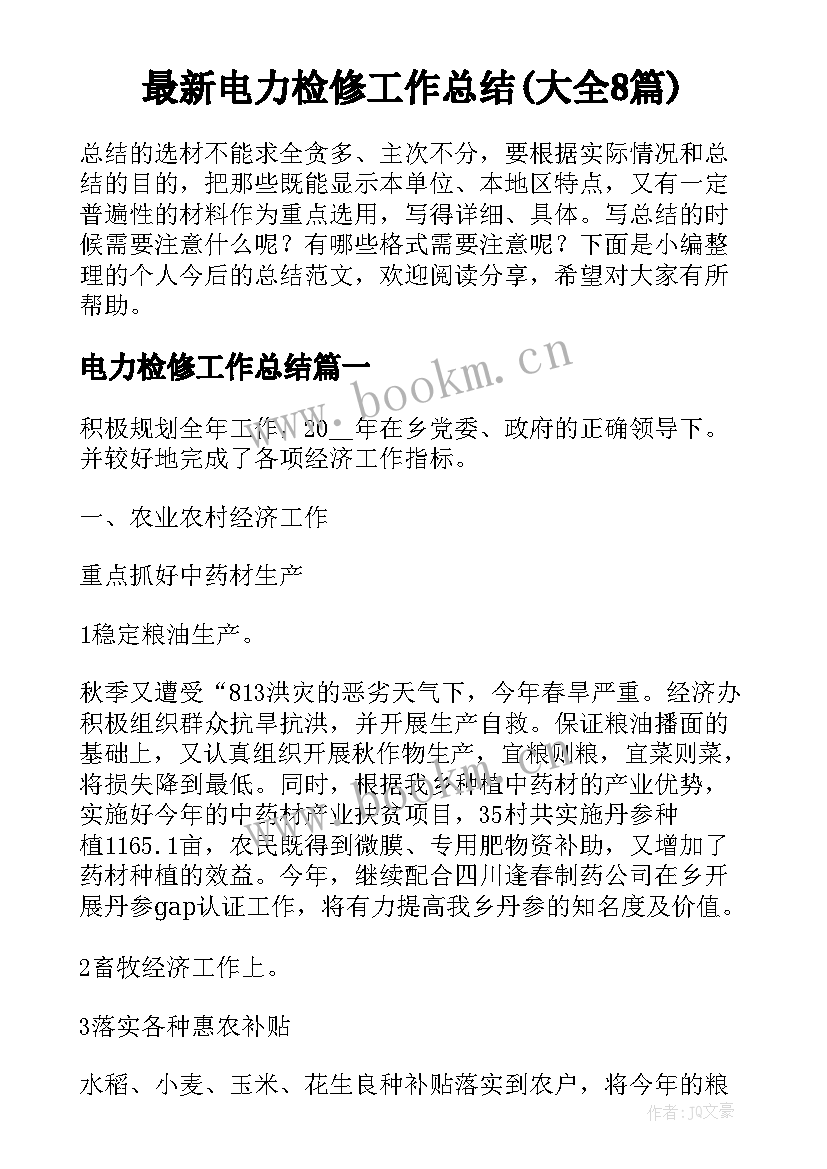 最新电力检修工作总结(大全8篇)