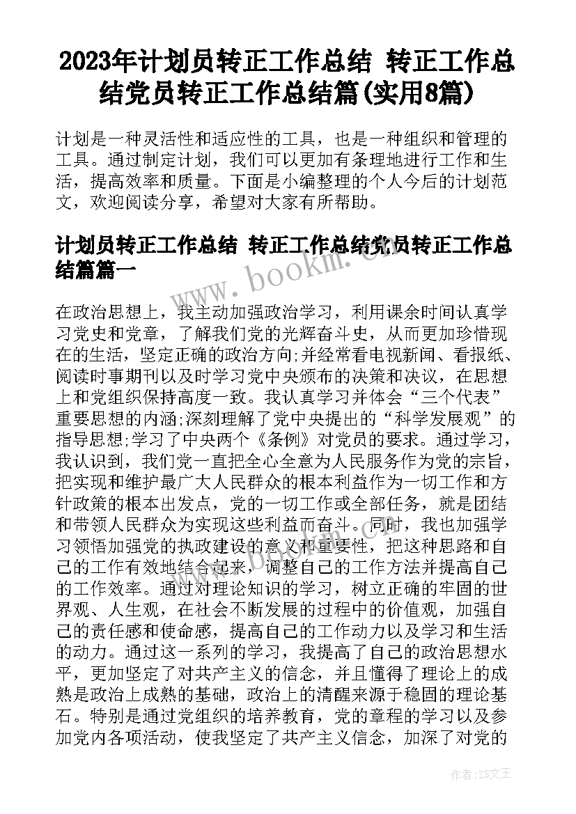 2023年计划员转正工作总结 转正工作总结党员转正工作总结篇(实用8篇)