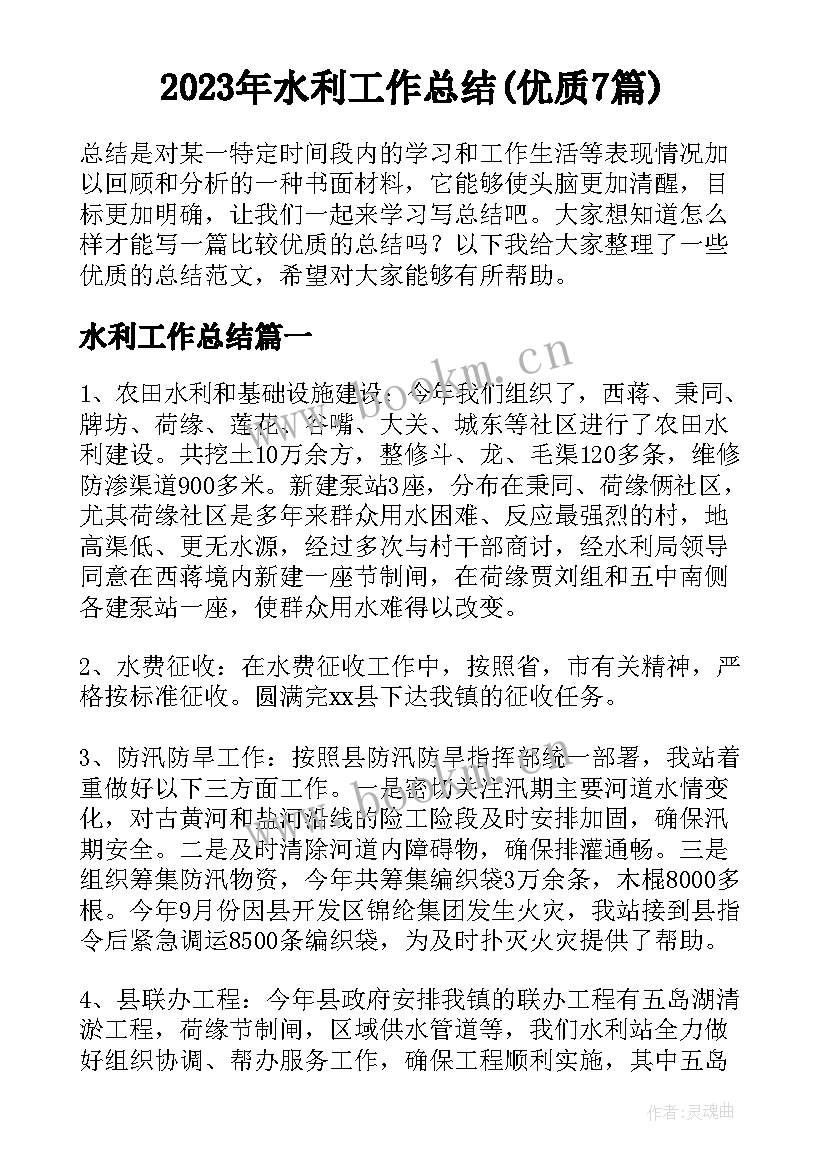 2023年水利工作总结(优质7篇)