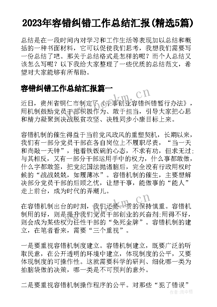 2023年容错纠错工作总结汇报(精选5篇)