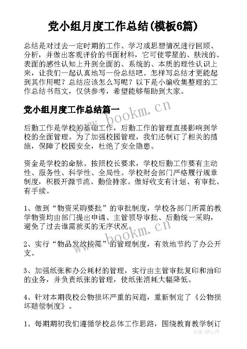 党小组月度工作总结(模板6篇)