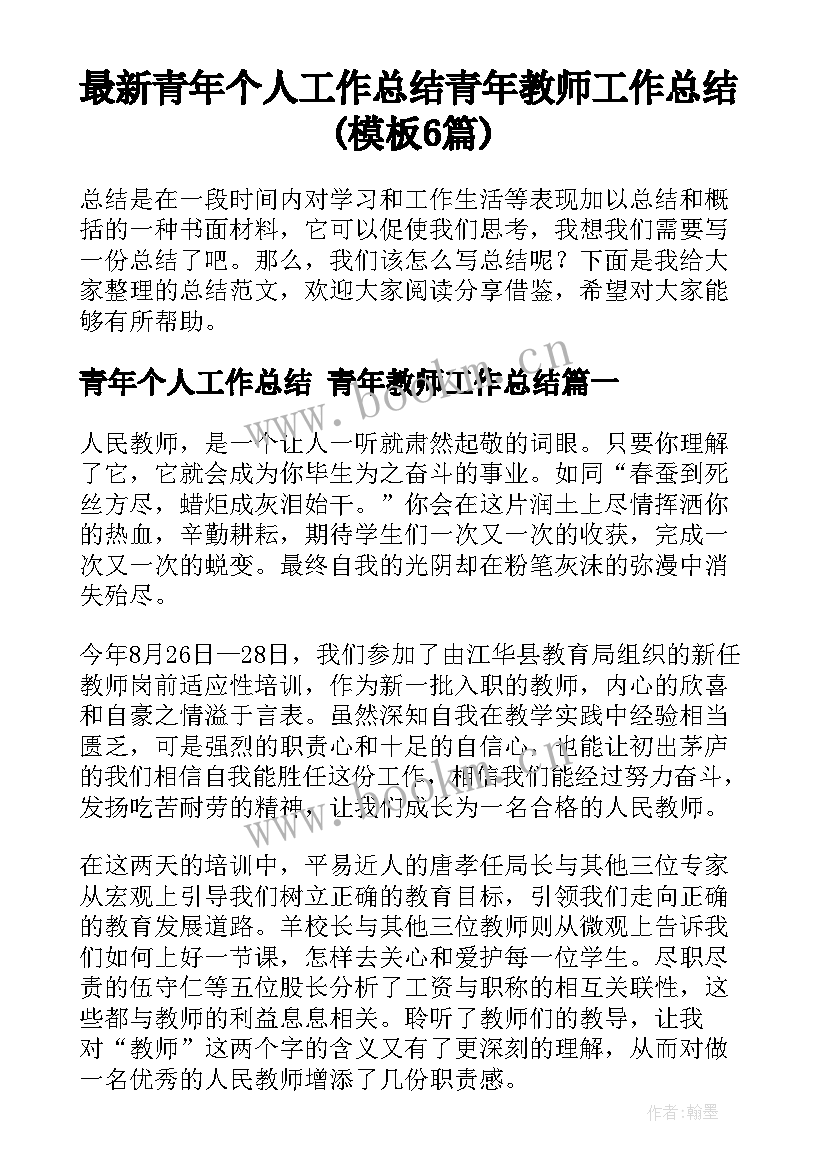 最新青年个人工作总结 青年教师工作总结(模板6篇)