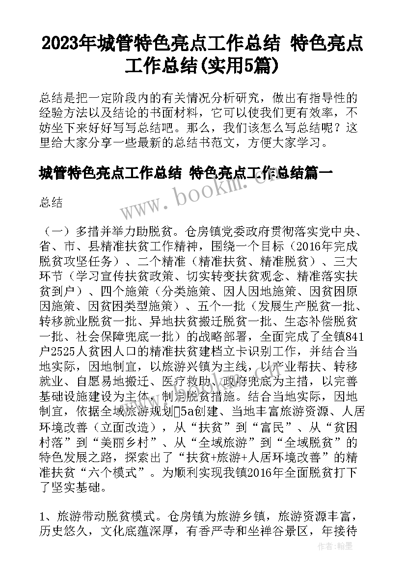 2023年城管特色亮点工作总结 特色亮点工作总结(实用5篇)