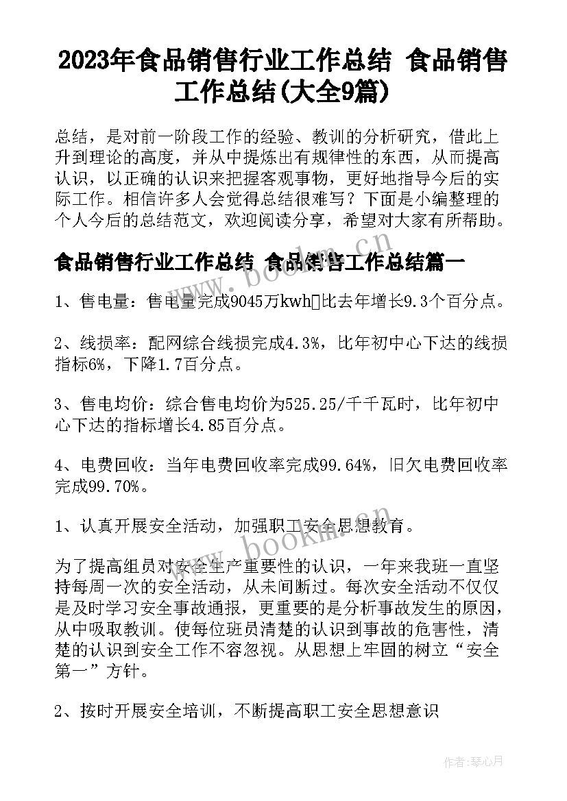 2023年食品销售行业工作总结 食品销售工作总结(大全9篇)