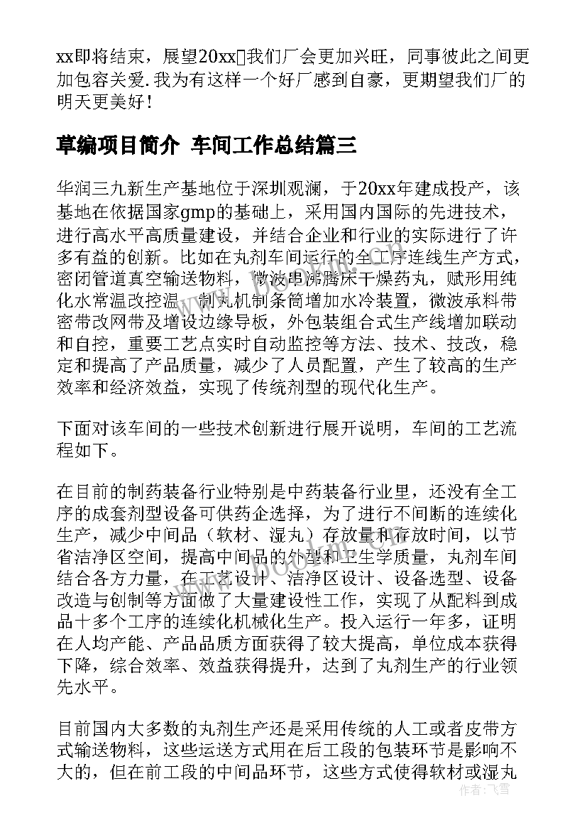 草编项目简介 车间工作总结(模板6篇)