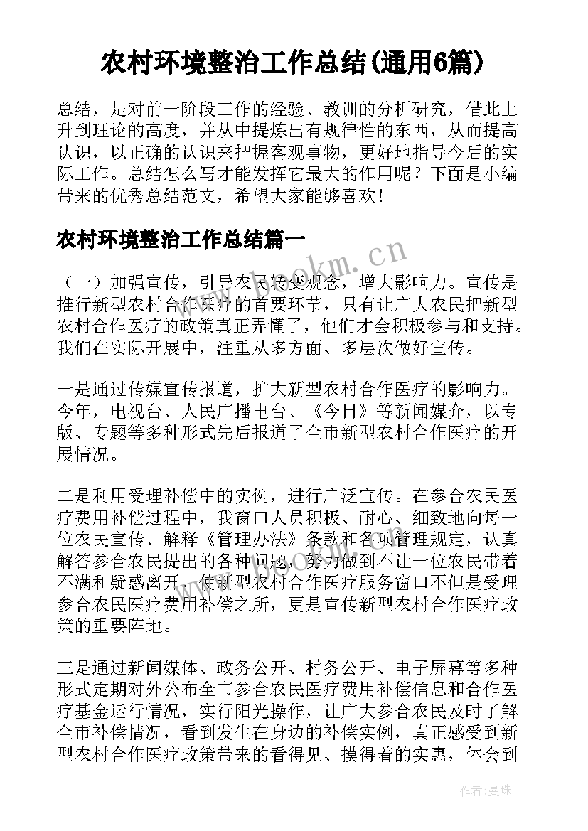 农村环境整治工作总结(通用6篇)