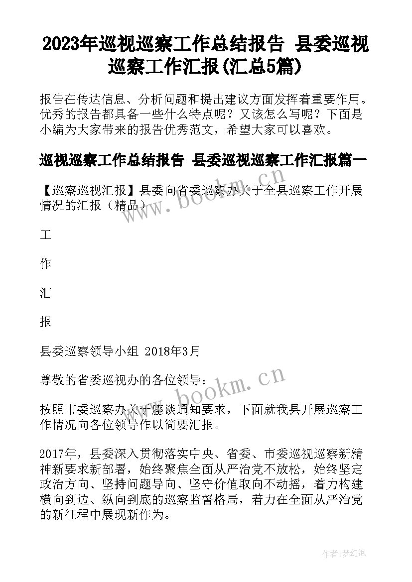 2023年巡视巡察工作总结报告 县委巡视巡察工作汇报(汇总5篇)