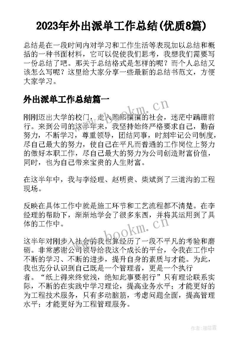 2023年外出派单工作总结(优质8篇)