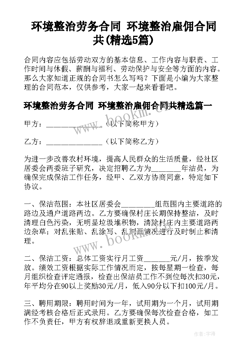 环境整治劳务合同 环境整治雇佣合同共(精选5篇)