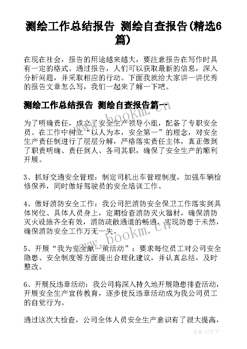 测绘工作总结报告 测绘自查报告(精选6篇)