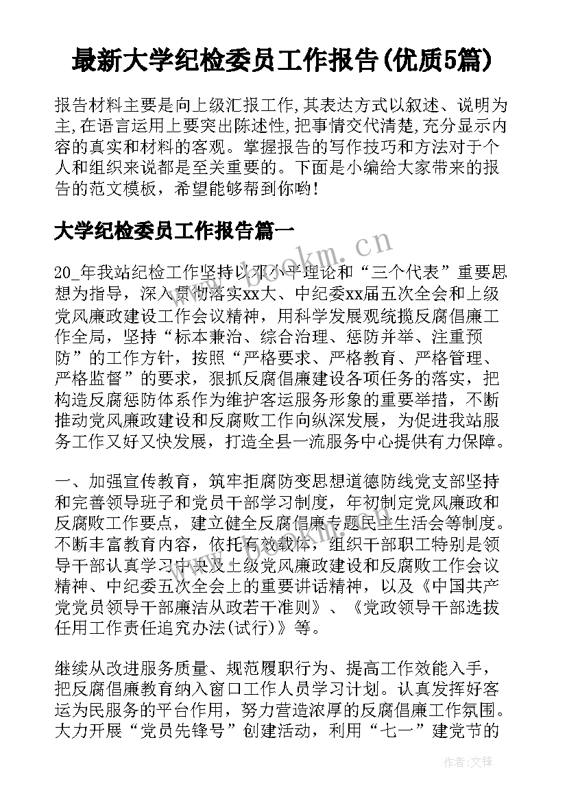 最新大学纪检委员工作报告(优质5篇)