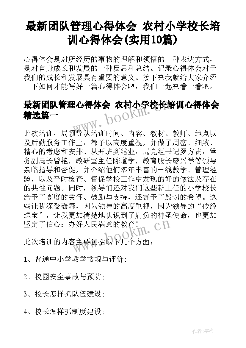 最新团队管理心得体会 农村小学校长培训心得体会(实用10篇)