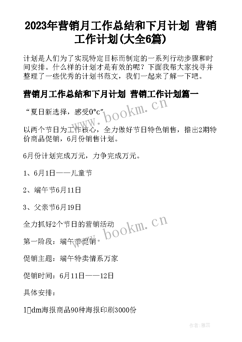 2023年营销月工作总结和下月计划 营销工作计划(大全6篇)