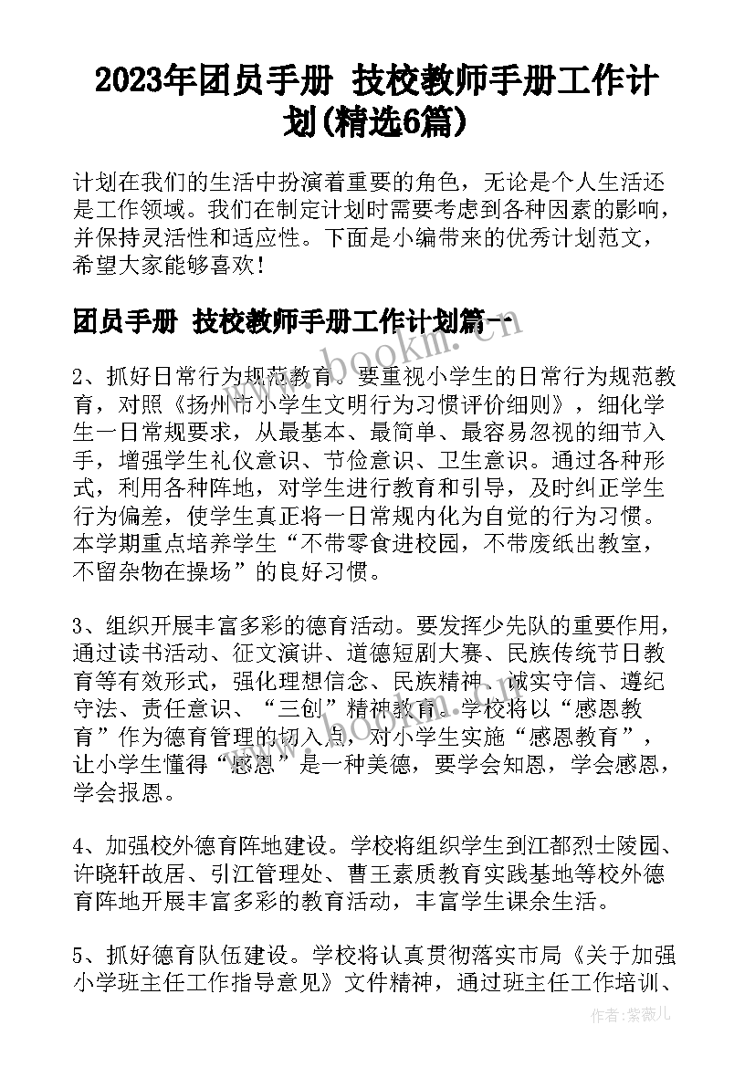 2023年团员手册 技校教师手册工作计划(精选6篇)