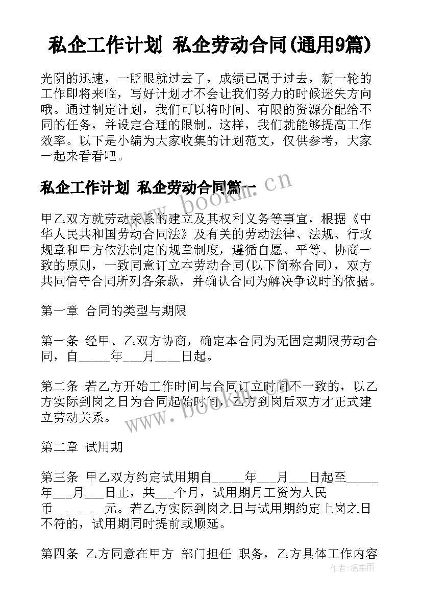 私企工作计划 私企劳动合同(通用9篇)