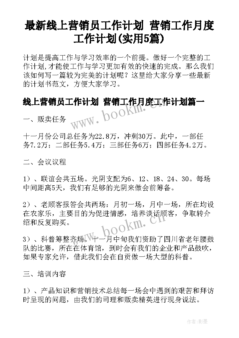 最新线上营销员工作计划 营销工作月度工作计划(实用5篇)