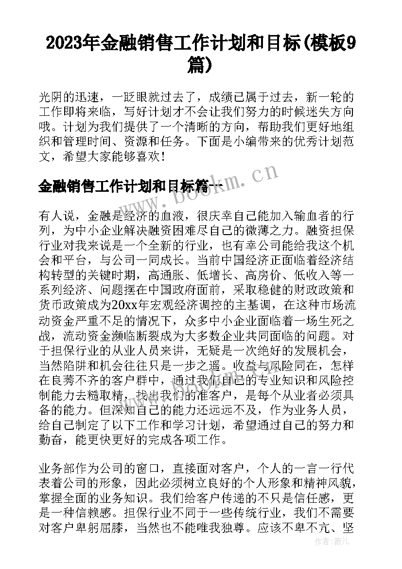 2023年金融销售工作计划和目标(模板9篇)