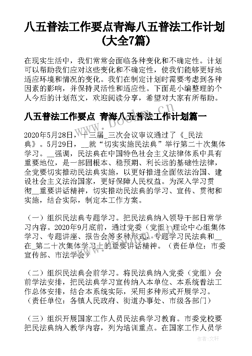 八五普法工作要点 青海八五普法工作计划(大全7篇)