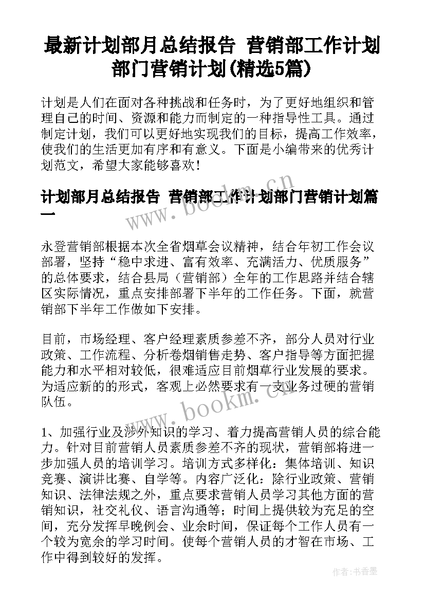 最新计划部月总结报告 营销部工作计划部门营销计划(精选5篇)