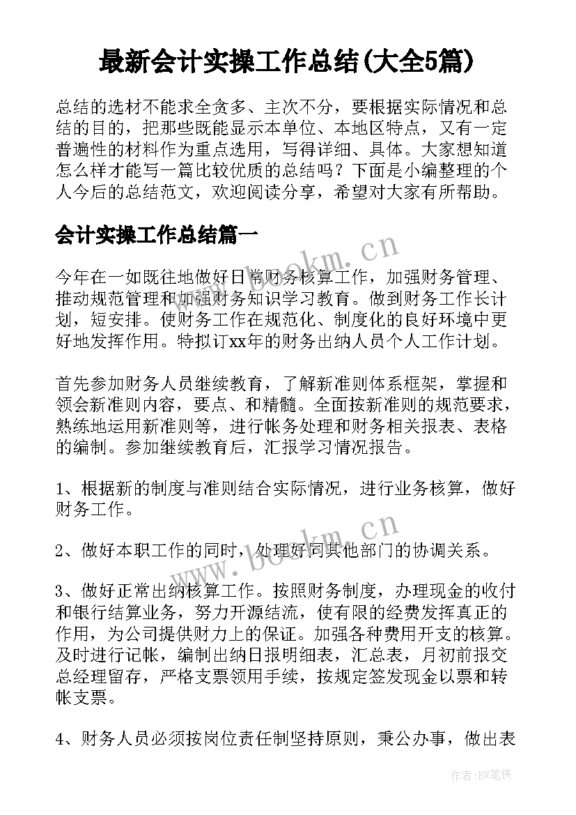 最新会计实操工作总结(大全5篇)