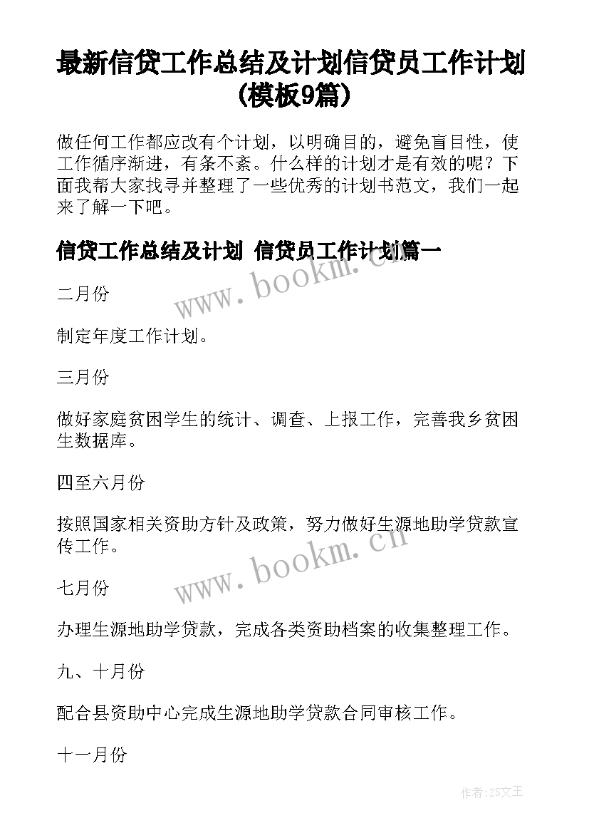 最新信贷工作总结及计划 信贷员工作计划(模板9篇)