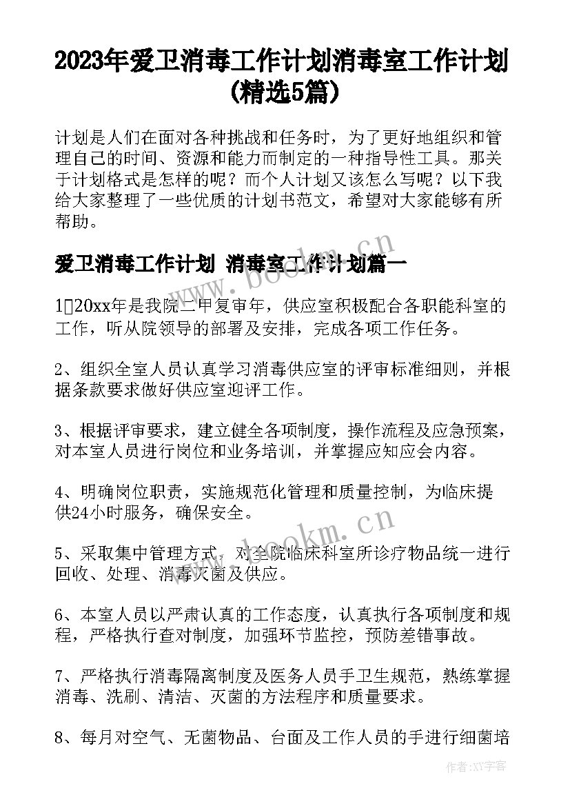 2023年爱卫消毒工作计划 消毒室工作计划(精选5篇)