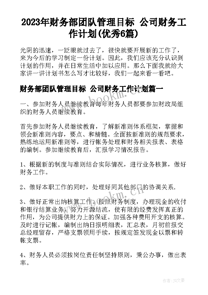 2023年财务部团队管理目标 公司财务工作计划(优秀6篇)