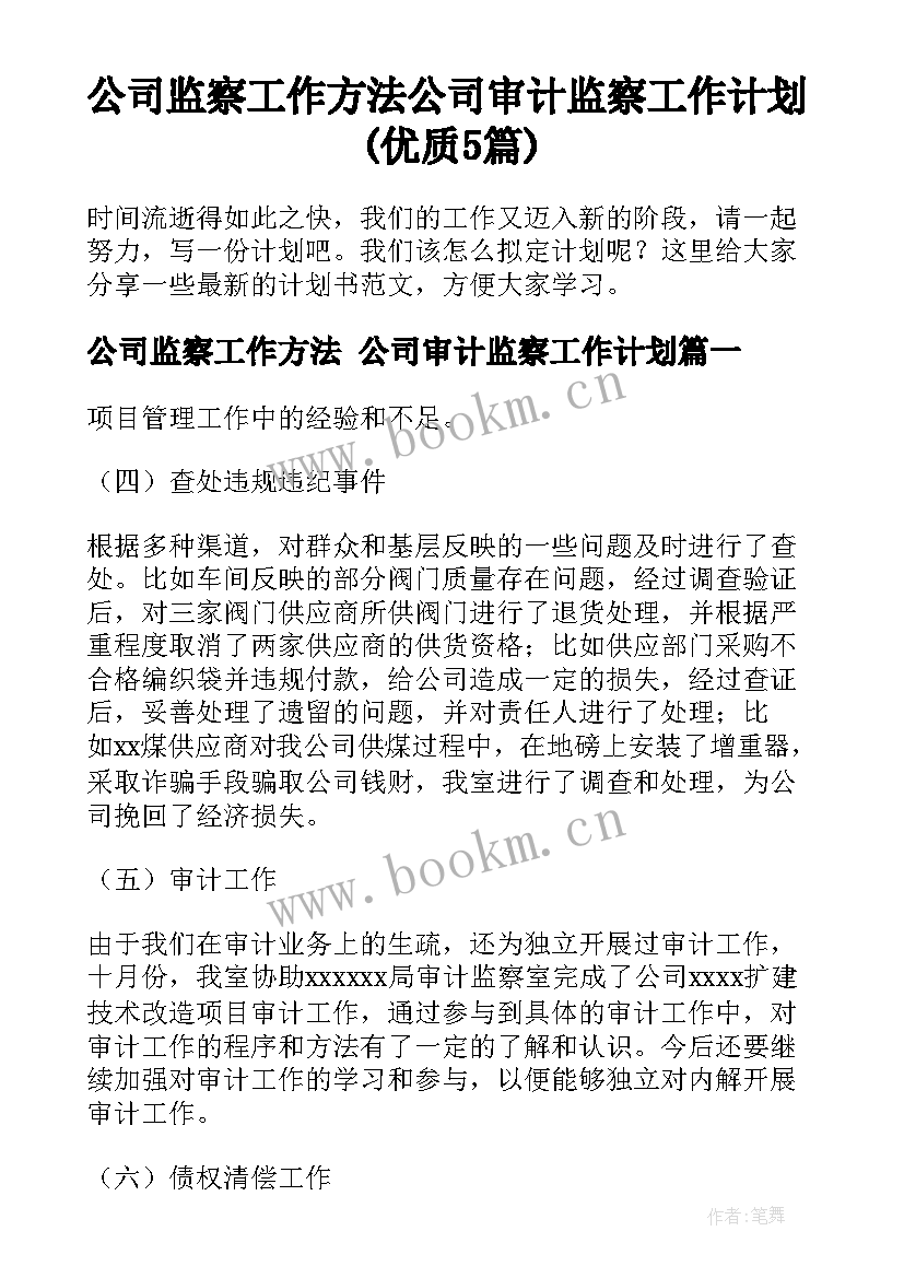 公司监察工作方法 公司审计监察工作计划(优质5篇)