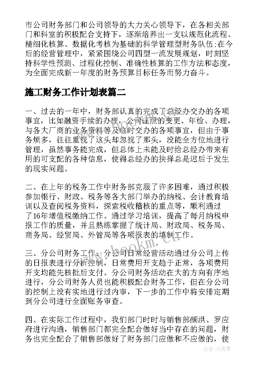 2023年施工财务工作计划表(优秀9篇)