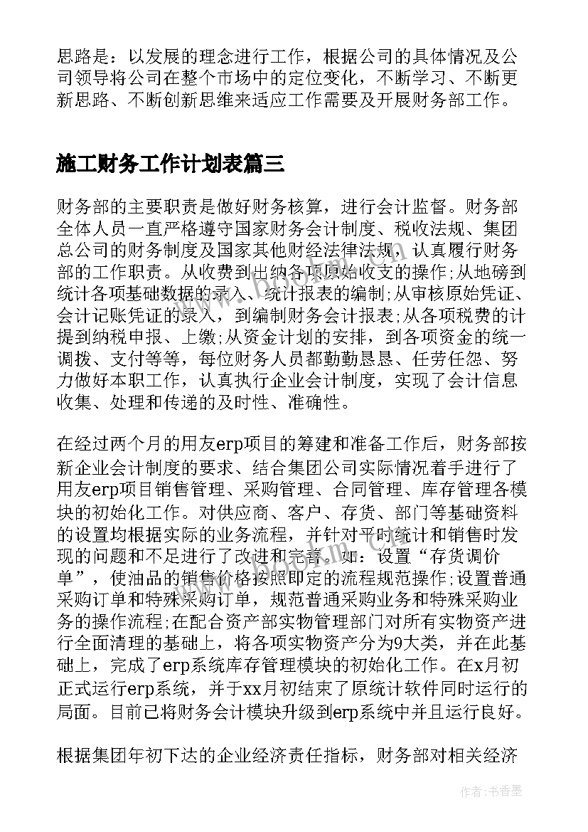 2023年施工财务工作计划表(优秀9篇)