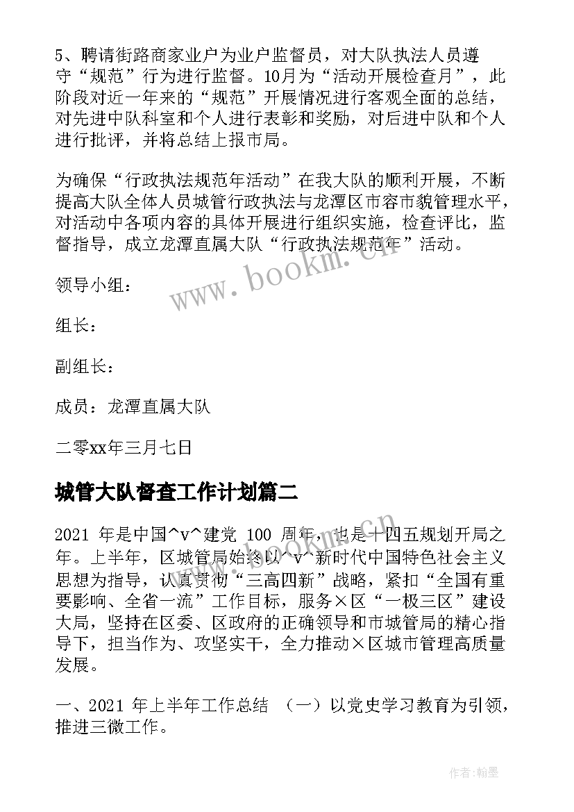 城管大队督查工作计划(实用5篇)