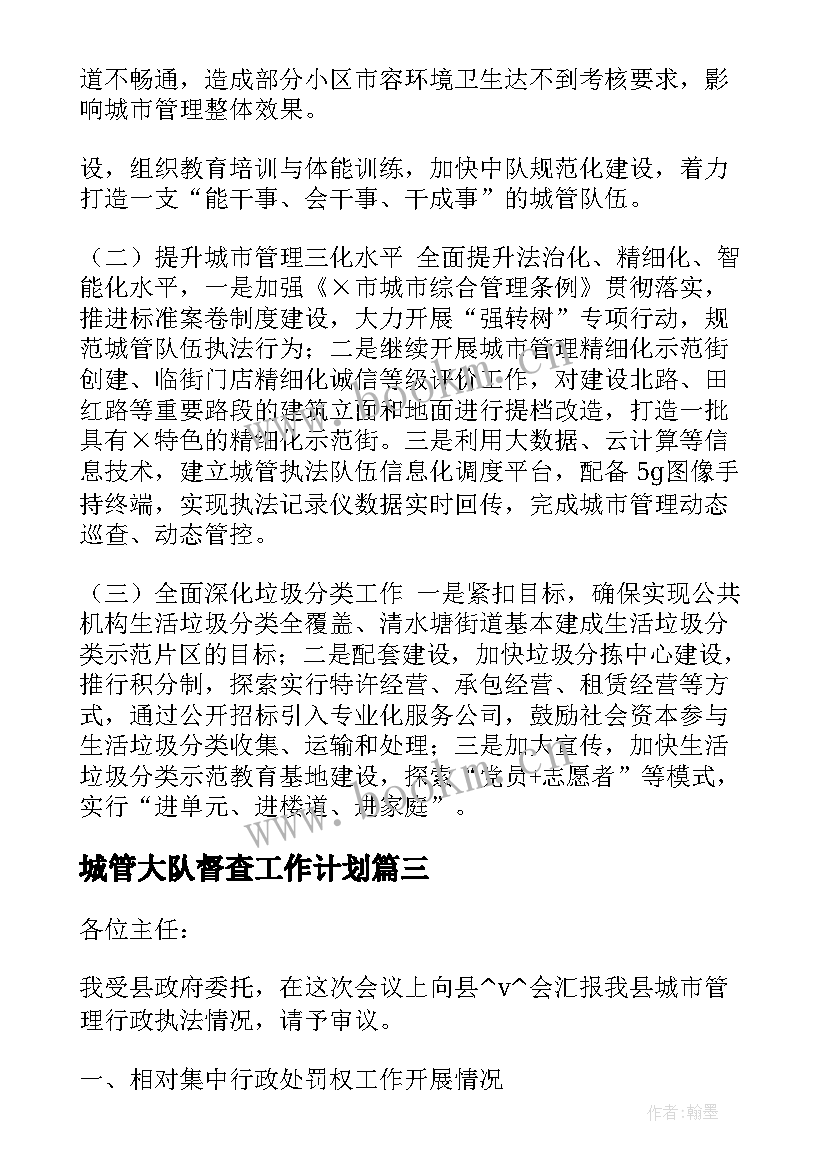 城管大队督查工作计划(实用5篇)