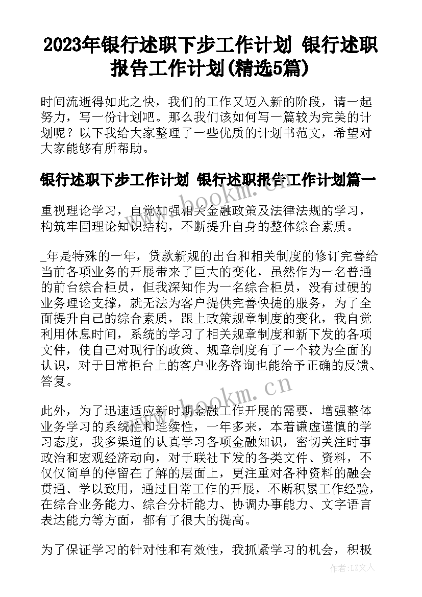 2023年银行述职下步工作计划 银行述职报告工作计划(精选5篇)