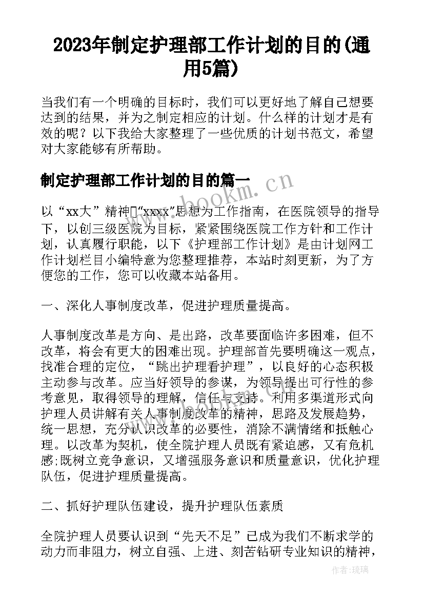 2023年制定护理部工作计划的目的(通用5篇)