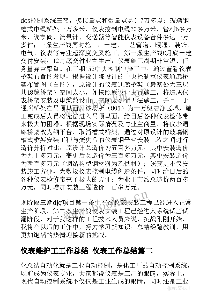 仪表维护工工作总结 仪表工作总结(通用6篇)