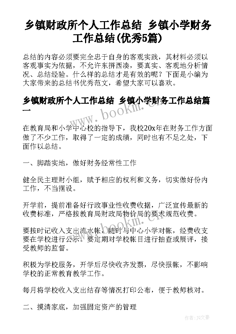 乡镇财政所个人工作总结 乡镇小学财务工作总结(优秀5篇)