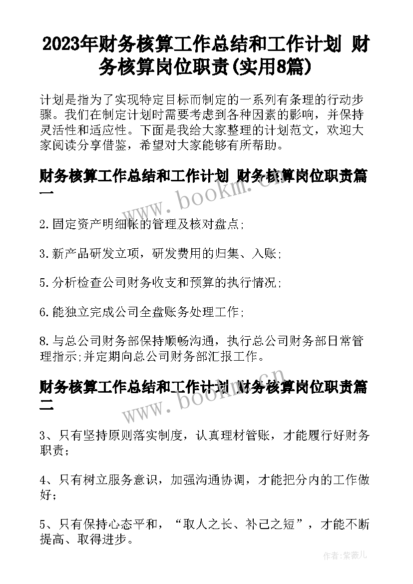 2023年财务核算工作总结和工作计划 财务核算岗位职责(实用8篇)