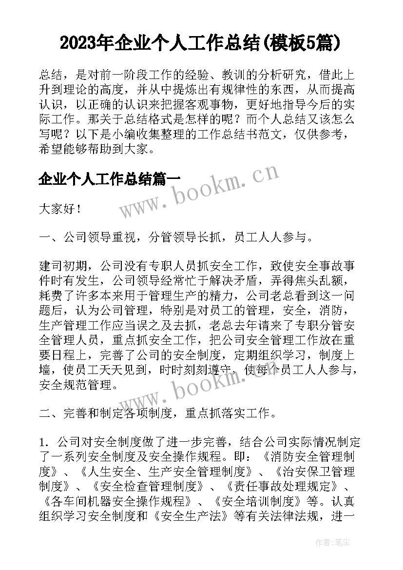 2023年企业个人工作总结(模板5篇)