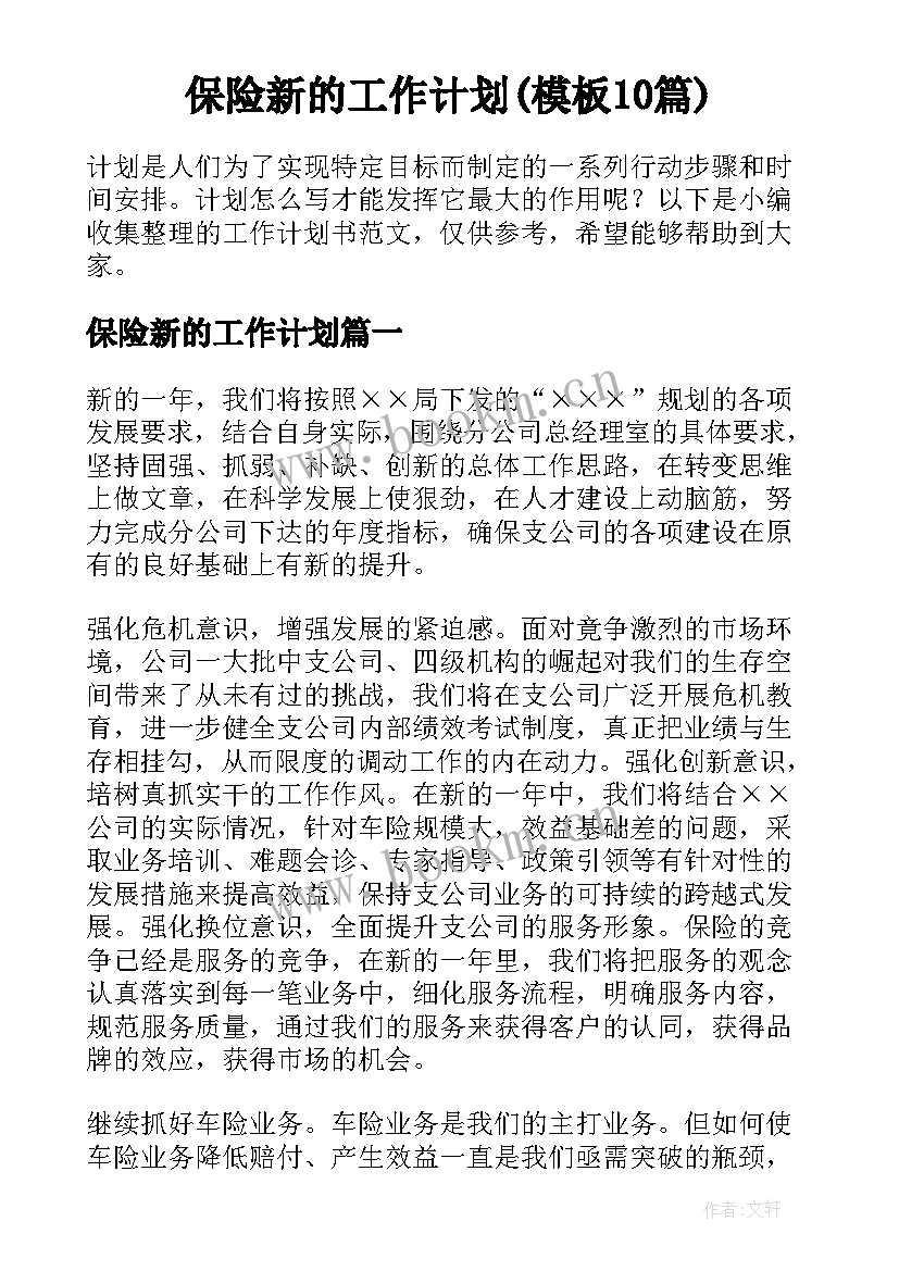 保险新的工作计划(模板10篇)