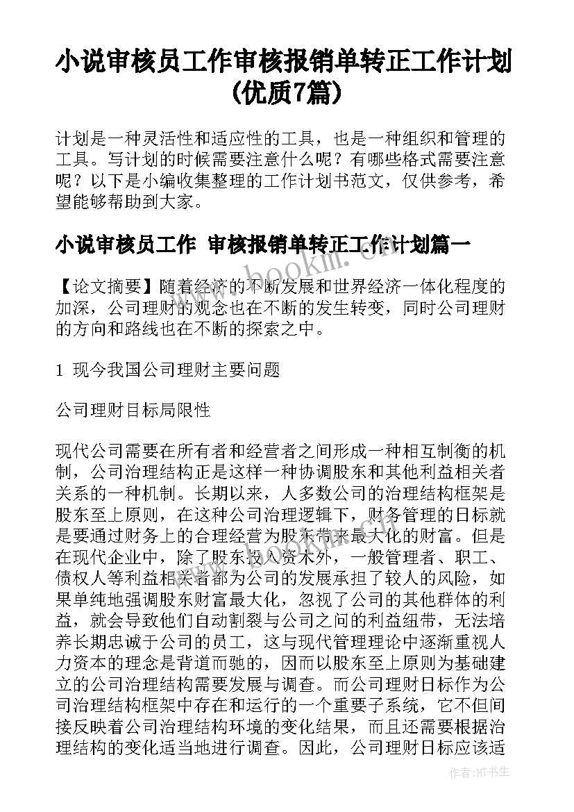 小说审核员工作 审核报销单转正工作计划(优质7篇)