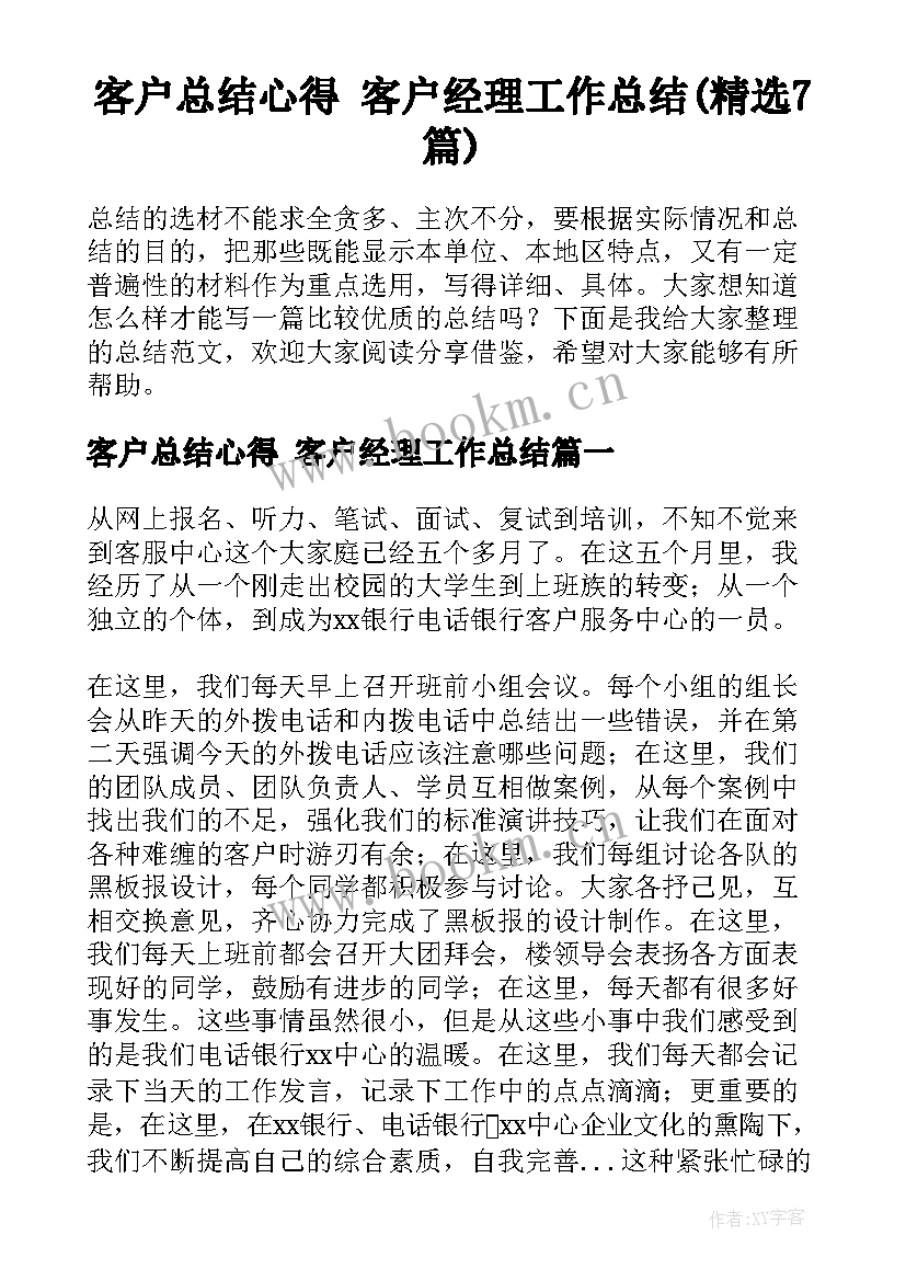 客户总结心得 客户经理工作总结(精选7篇)